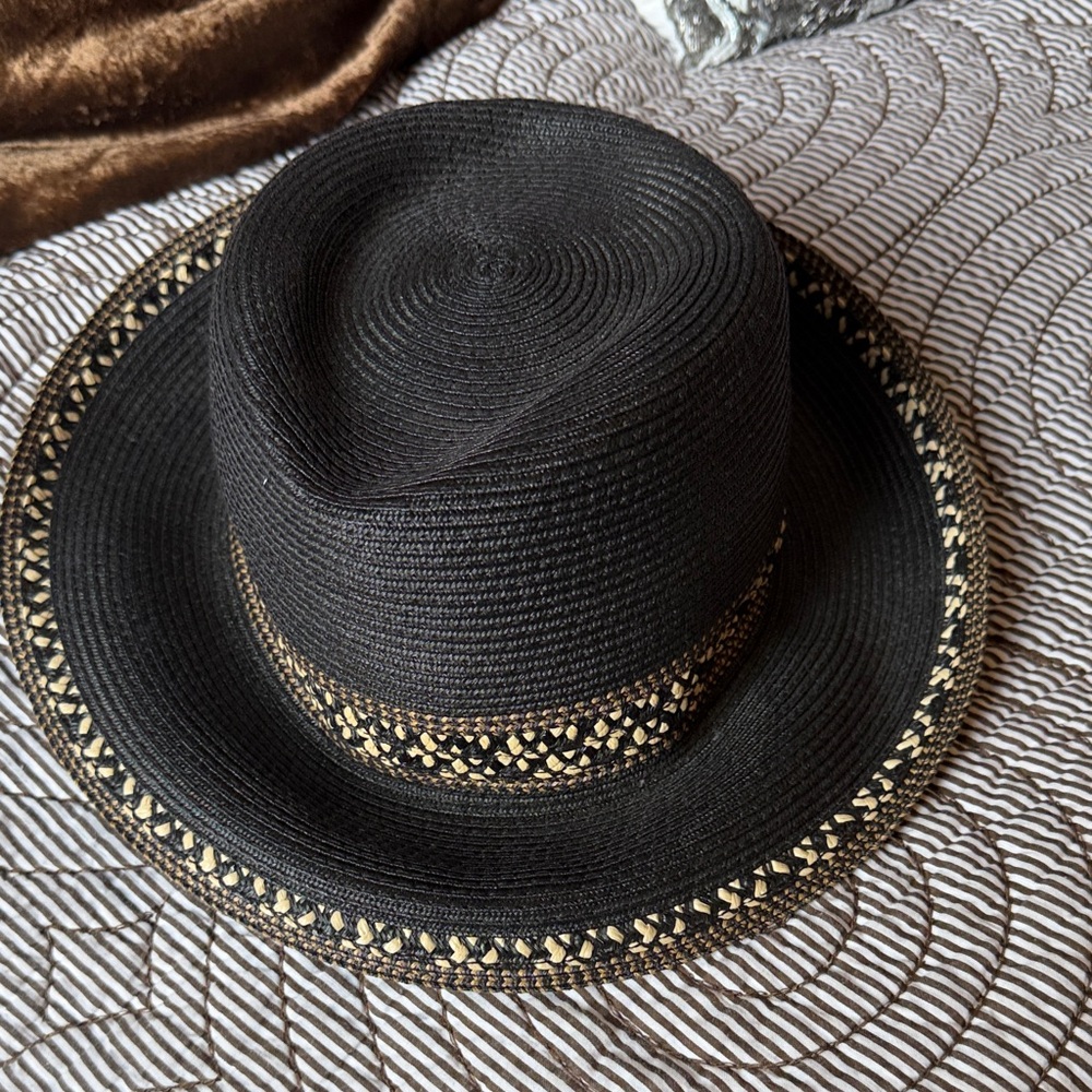 Eric Javits Black Straw Fedora with Natural Trim packable